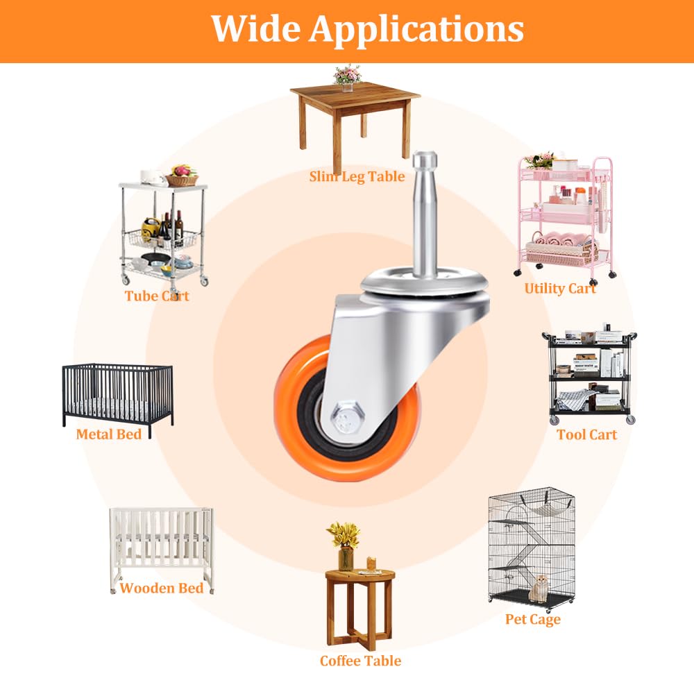 Enyke Wet Dry Vac Repalcement Casters Set of 4, 2 Inch Long Stem Casters 600 LBS with 5/16" x 1-1/2" (8 x 38mm) Stem, 360 Degree Swivel Castor Wheels with Double Ball Bearing, Orange