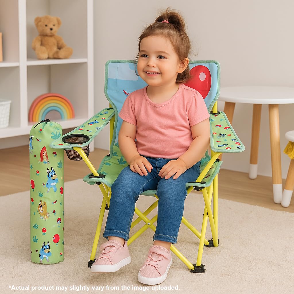 Bluey Folding Camp Chair with Cup Holder and Carry Bag, 600D Polyester, Toddlers up to 80 lbs