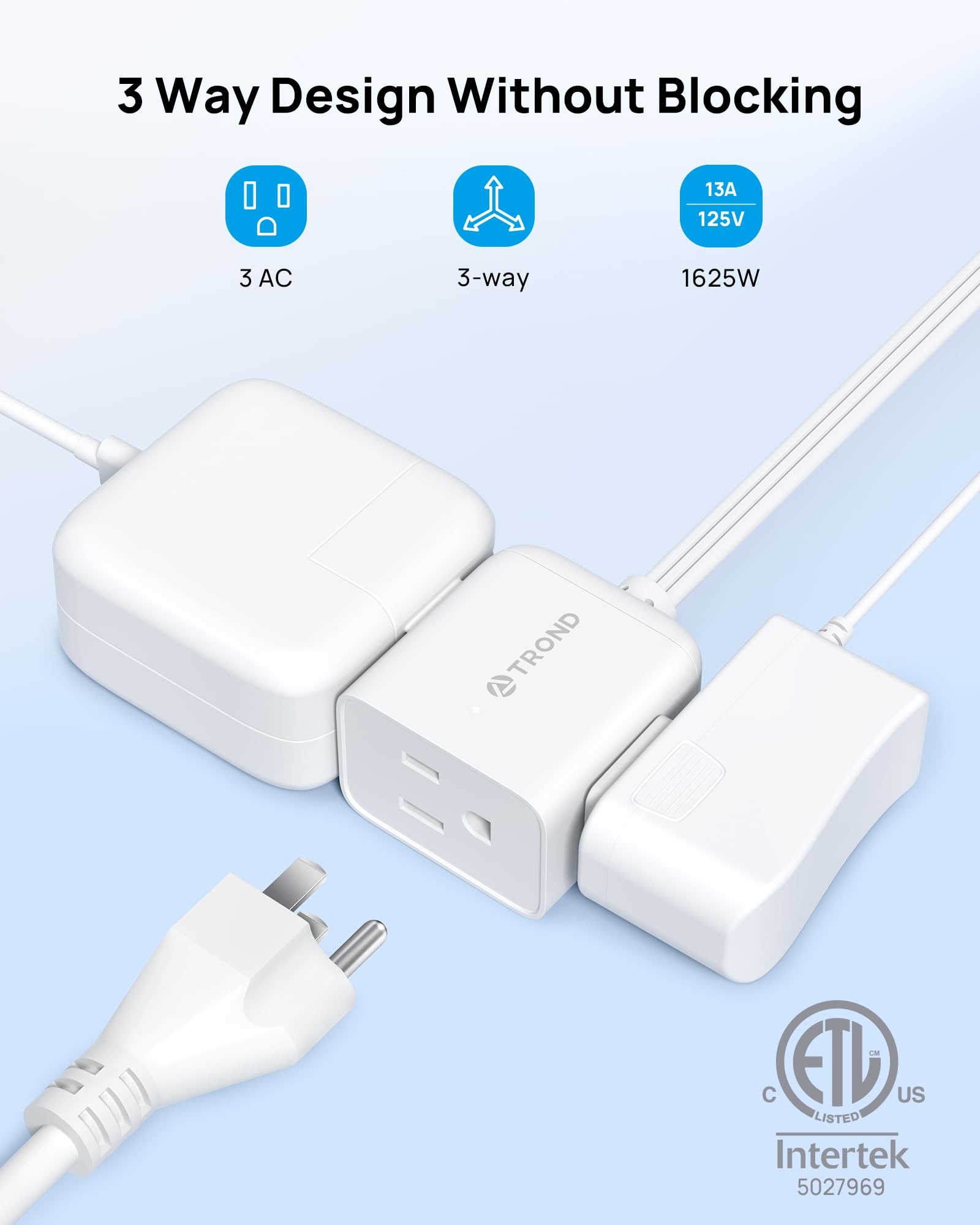 TROND 6ft Flat Extension Cord Indoor, Right Angle Ultra-Thin Plug, 3 Way Multiple Outlets, 13 Amps, 1625W, Small Flexible SPT 16/3 Power Cable Splitter for Home Office Dorm Room Essentials, White