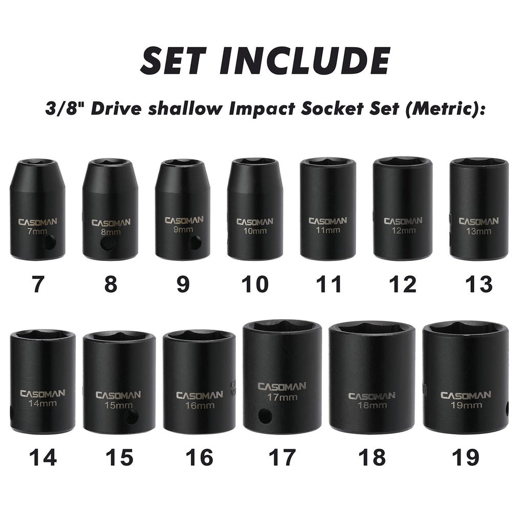 CASOMAN 13 Pieces 3/8-Inch Drive Impact Socket Set, 6-Point, Metric, Shallow, CR-V, 7mm to 19mm, Heavy Duty Blow Molded Storage Case