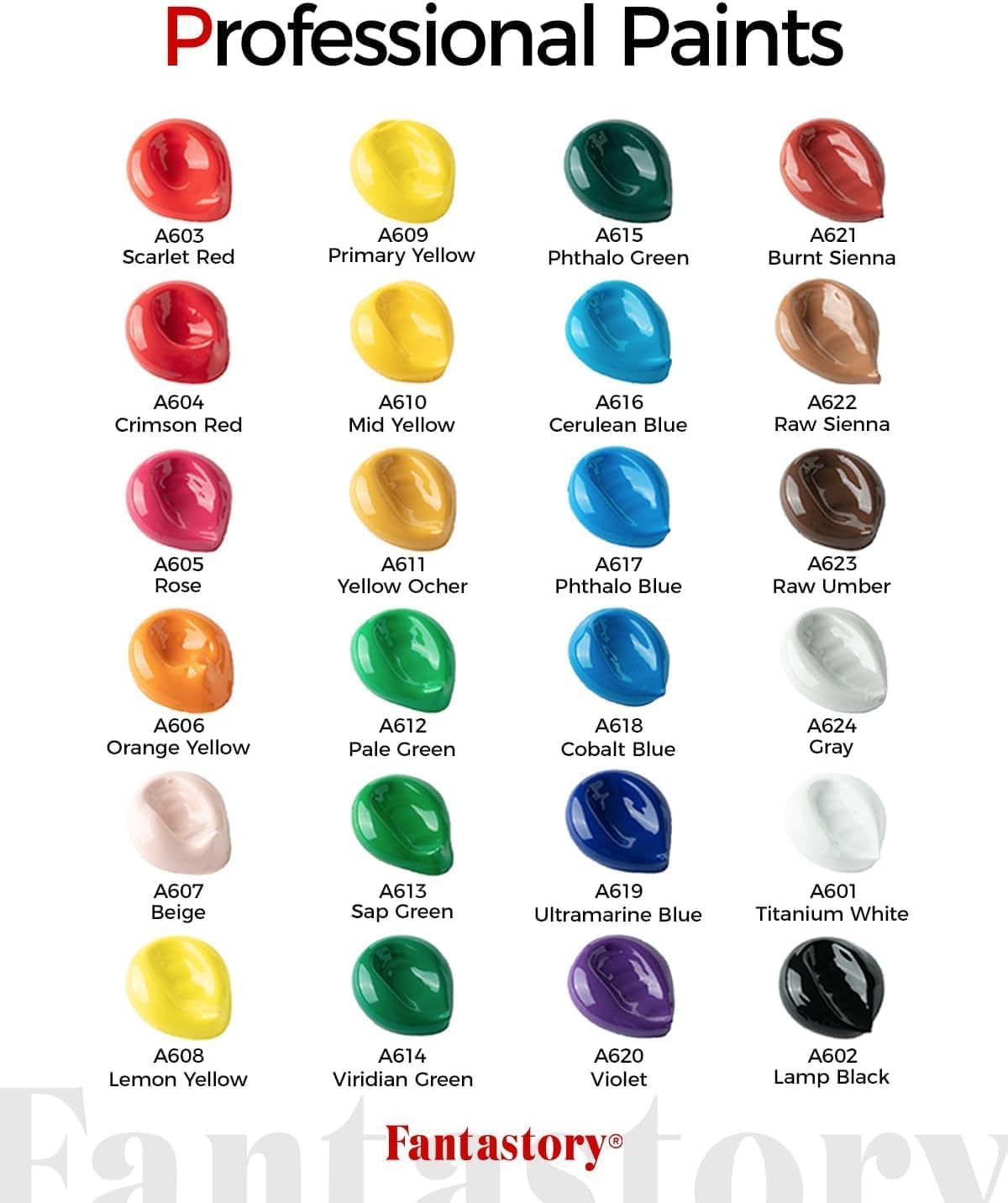 Fantastory Acrylic Paint, Set of 24 Colors(2 oz/Bottle), Water-Based, Non Toxic, Non Fading, Waterproof, Craft Acrylic Paint Kit for DIY Projects on Canvas, Wood, Glass, Clay, Fabric, Ceramic, Paper [Professional Series]