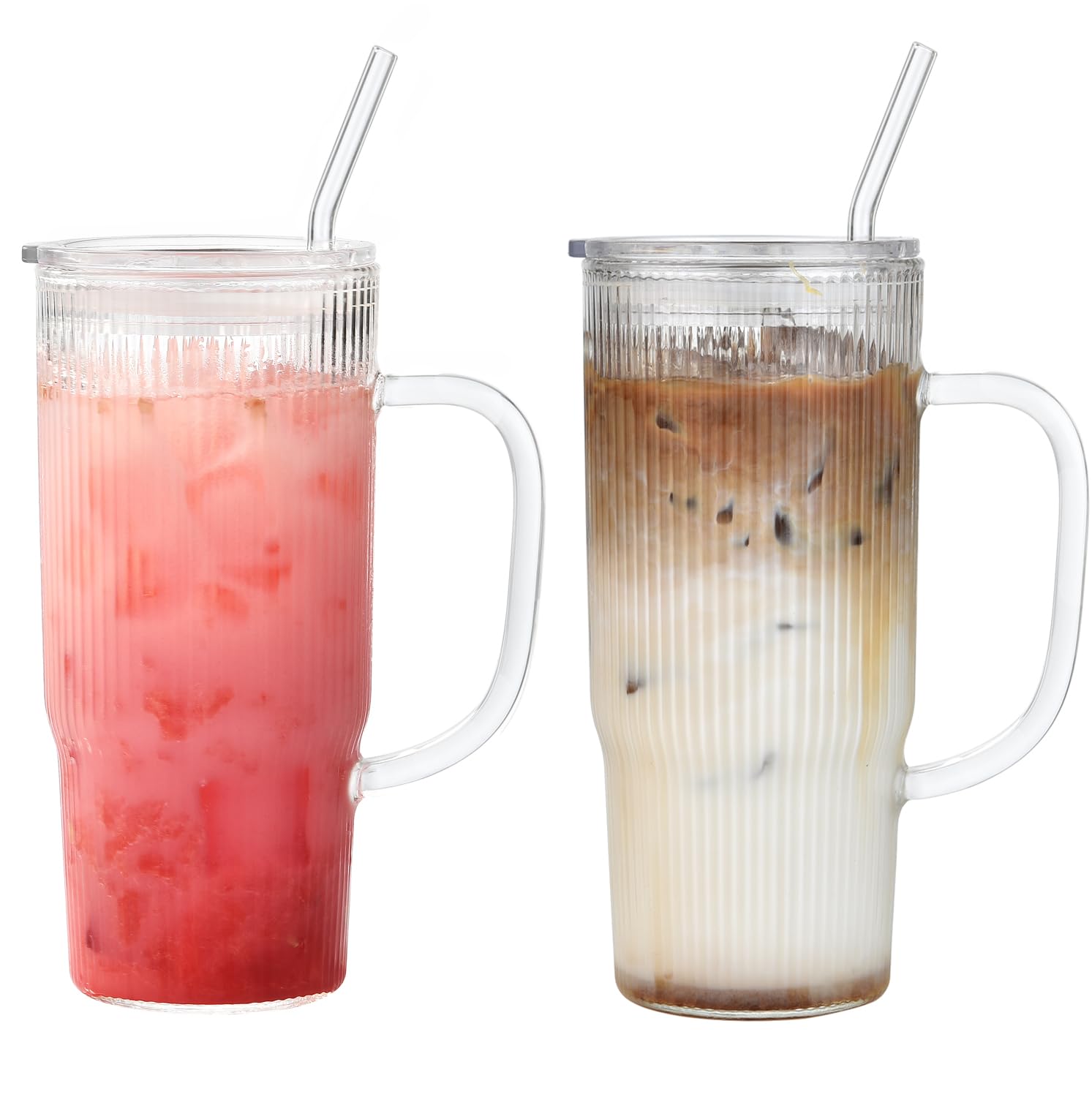 ALINK 2 Pack 24 oz Ribbed Glass Tumbler with Handle Lid and Straw,Glassware Set Ripple Large Iced Coffee Cups, Aesthetic Glass Travel Tumbler for Hot & Cold Beverages, Smoothies, Tea and Juice