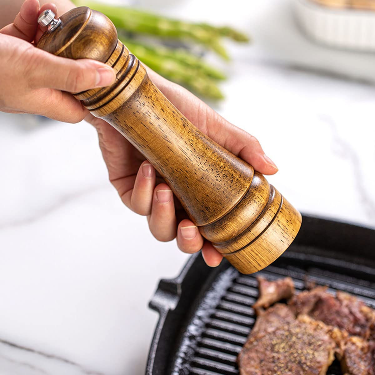 BINHAI Wooden Pepper Mill Pepper Grinder Kit Manual Mills Solid with Strong Adjustable Ceramic Grinders Set 8 Inches