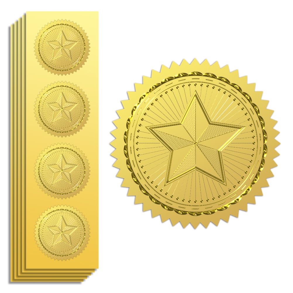 Peacoblue Gold Foil Stickers Seals Official Embossed Star 2 Inch 100Pcs, Self Adhesive Gold Around Embossing Medal Stickers for Certificate Paper, Envelope Seals, Awards and Achievements