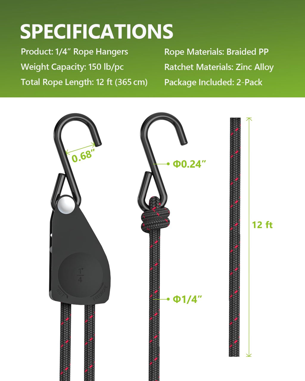 Kayak Tie Down Straps Ratchet, Kayak Straps for Secure Canoe to Roof Racks, Hiking Camping, Boating & Water Activities, Heavy Duty Ratchet Pulley Rope Hanger 2-Pack 1/4" 12FT