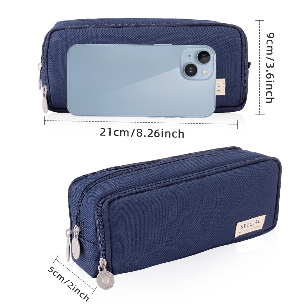 iSuperb Large Pencil Case 3 Compartments Pencil Pouch Big Capacity Pencil Bag Oxford Stationery Storage Pen Bag Cosmetic Makeup Pouch for Women Girls (Navy Blue)