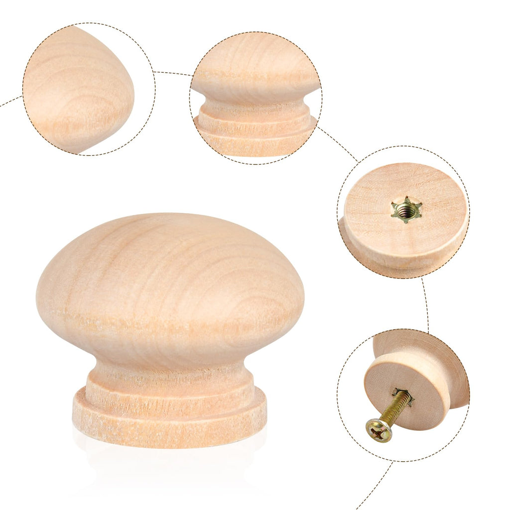 Supkiir 40Pcs Wooden Drawer Knobs, 1.06in Round Mushroom Shape Dresser Knobs, Natural Wood Cabinet Knobs with Screw Unfinished Furniture Knobs for Dresser Drawers Cupboard Door Pulls Handles