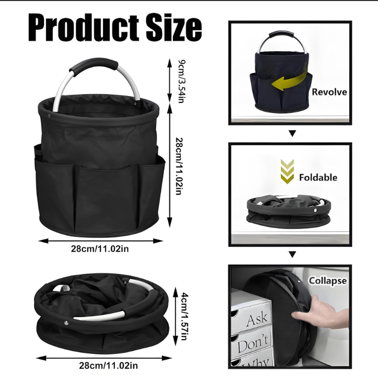 Cleaning caddy storage bag with foldable cleaning bucket handle, suitable for cleaners and butlers with multi pocket tool kit, 6 pockets, foldable design, black