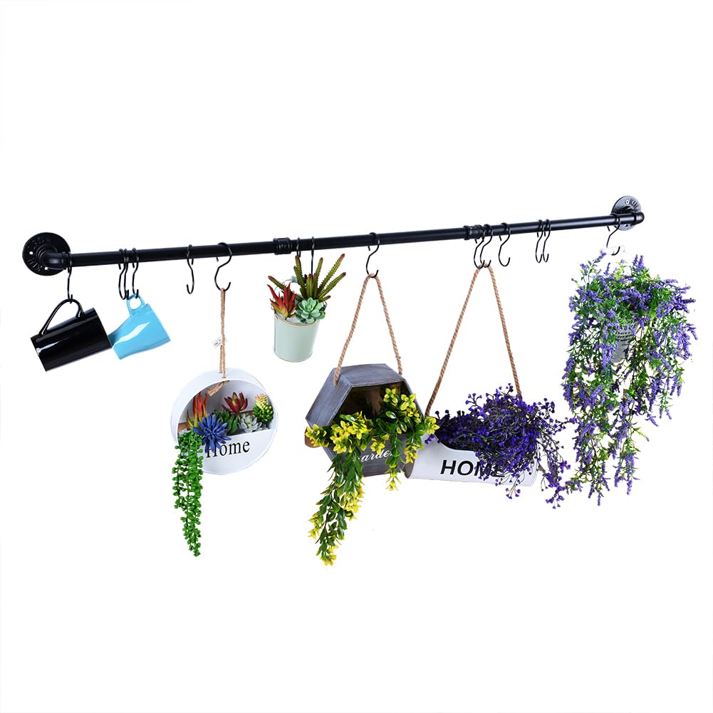 50.4 inch Hanging Pot Rack Wall Mounted Pot Pans Hanging Rail, Industrial Long Pot Pan Bar With 15 S Hooks, Black Hangers Kitchen Pot and Pan Hanging Rack