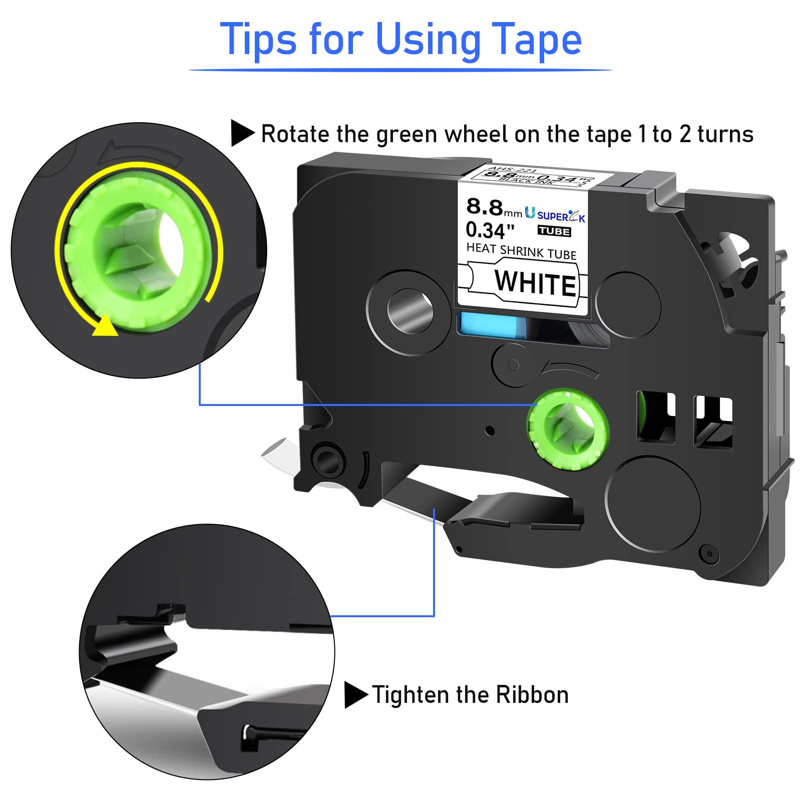 USUPERINK 3 Pack Heat Shrink Label Tape Compatible for Brother Ptouch HSe-221 HSe221 HS-221 HS221 Black on White 8.8mm 0.34'' for Wire Cable use in PT-P710BT P700 P750W P900 Label Printer