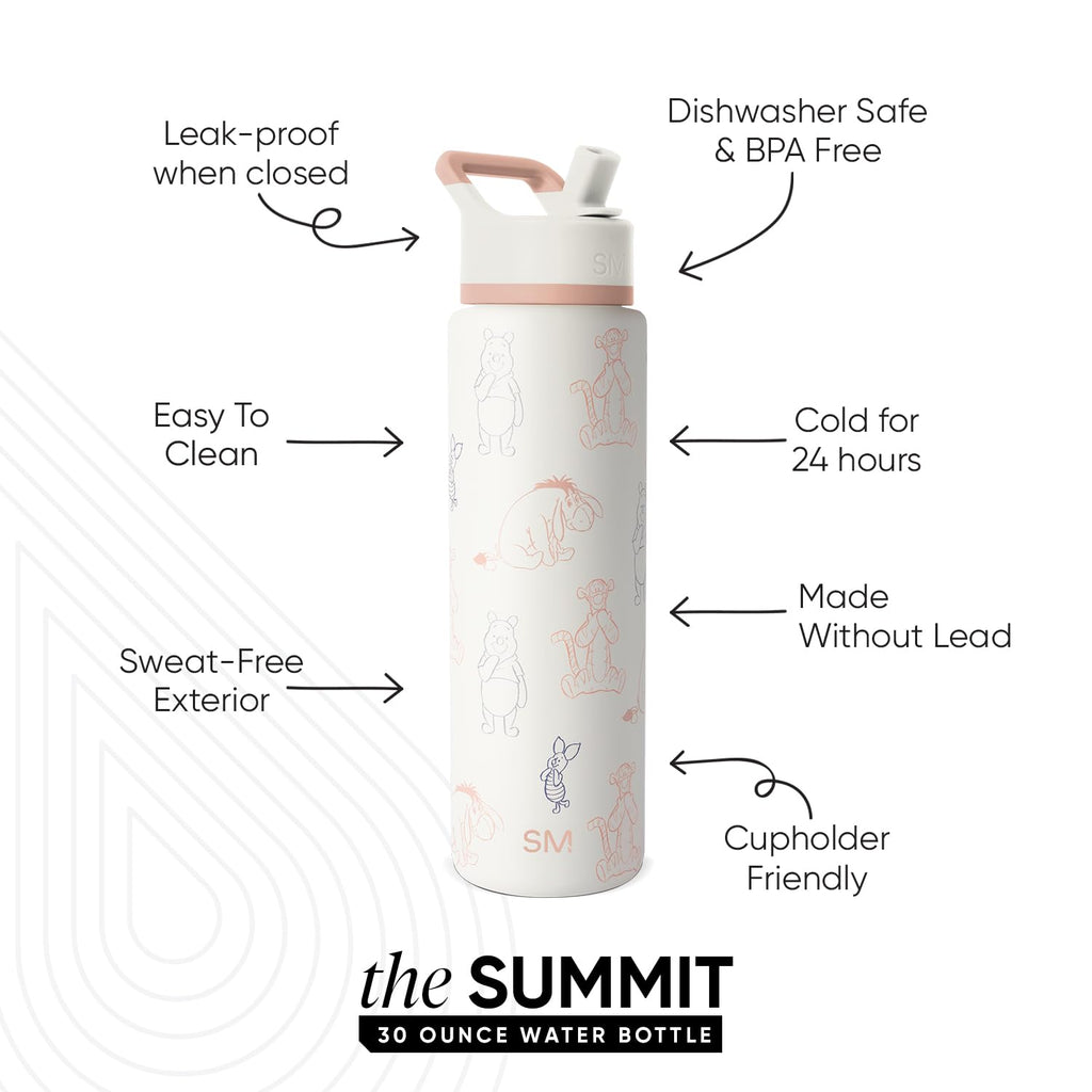 Simple Modern Summit Water Bottle with Straw Lid | Disney 30oz Leak Proof Stainless Steel Insulated Cup | Gifts for Her Him | Winnie The Pooh Doodles