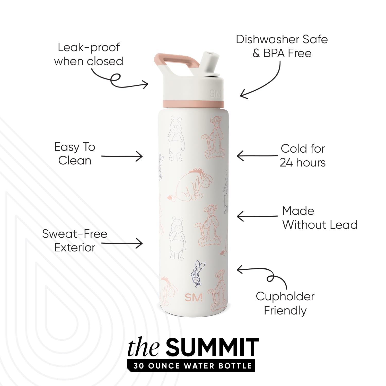Simple Modern Summit Water Bottle with Straw Lid | Disney 30oz Leak Proof Stainless Steel Insulated Cup | Gifts for Her Him | Winnie The Pooh Doodles