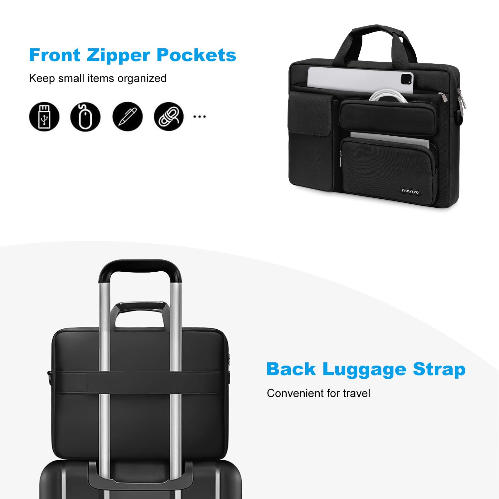 MOSISO Laptop Bag 13.3 inch, 13-13.3 inch Computer Shoulder Bag Compatible with MacBook Air/Pro 13/Pro 14, HP Dell ASUS Notebook &2 Raised&1 Flapover&1 Horizontal Pocket&Handle&Belt, Black