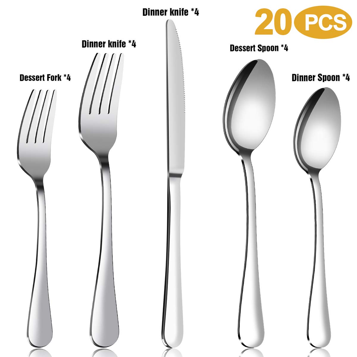 Flatware Set, 20-Piece Cutlery Set for 4, Stainless Steel Premium Silverware Sets with Forks Spoons Knife, MASSUGAR Utensils Set, Dishwasher Safe