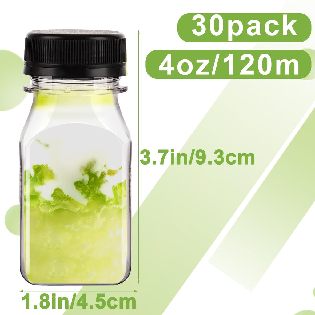JMIATRY 30PCS Plastic Shot Bottles with Lids 4oz/120ml Ginger Shots Bottles Resuable Juice Bottles Clear Small Bottles for Juicing Shots Mini Fridge, Juices, Water