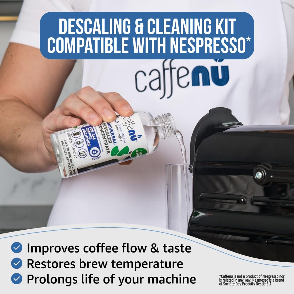 Nespresso Compatible Descaling Kit & Cleaning Pods. 2 Use Descaling Solution & 4 Cleaner Pods. Removes Limescale & Cleans Pod Area. Better Tasting, Hotter Coffee. Nespresso Originaline.