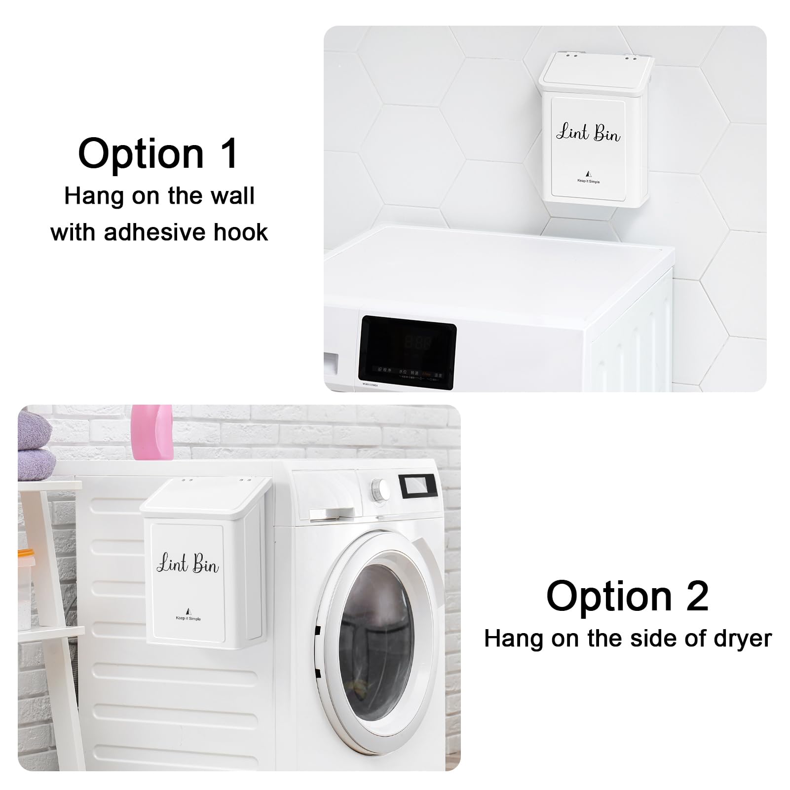 SUBEKYU Metal Magnetic Lint Bin for Laundry Room, Wall Mounted Lint Box Holder Trash Can with Lid for Dryer (White)