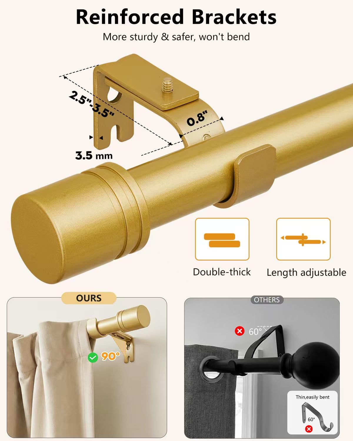 ASULUPHY Gold Curtain Rod, 1 Inch Diameter Heavy Duty Curtain Rods for Window 48-84 in, Long Curtain pole with Thicker Brackets, AdjustableCurtain Rod for Sliding Doors, Living Room, Bedroom, Patio