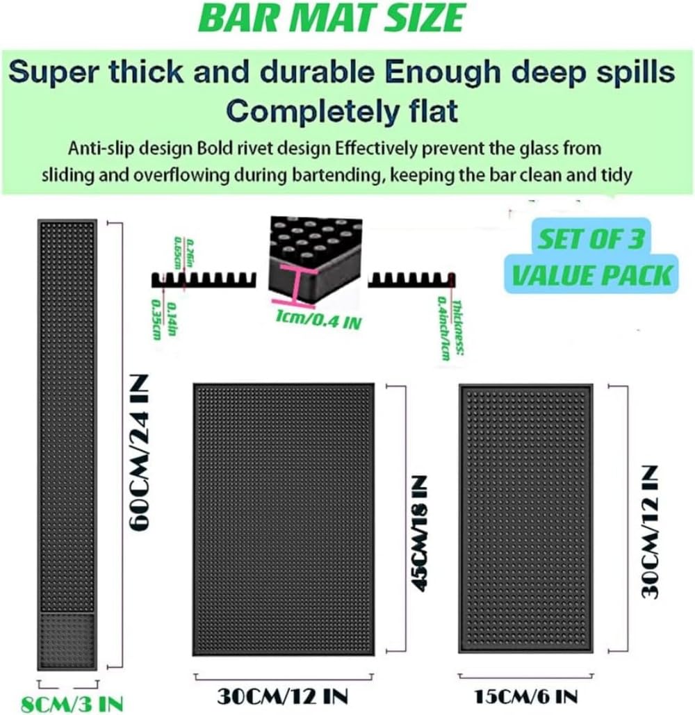 IMIYOKU Bar Mat Set of 3 Rubber Bar Service Spill Mat for Cocktail Bartender Coffee Bar or Countertop Mats Glass Drying Mat (Black, 18" x 12"+23" x 3"+12" x 6")