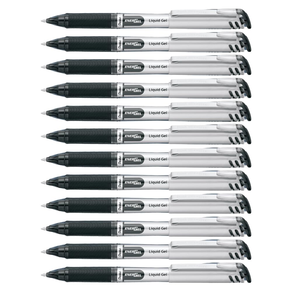 Pentel EnerGel Liquid Gel Rollerball Pen with Cap to Protect Pockets, Everyday Writing, Office Supplies, School Supplies, 0.7mm Medium Point, Black Ink, BL17-A, Box of 12