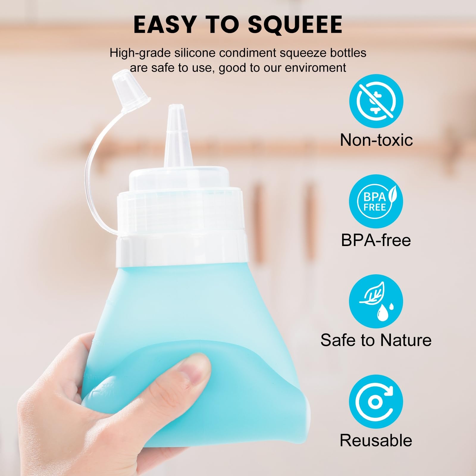 Mrsdry 16oz Condiment Squeeze Bottles for Sauce, BPA Free Leak Proof Squeeze Bottles, Squirt Reusable Silicone Oil Container Dispenser for Ketchup, BBQ, Sauce, Grilling, Salad Dressing (Blue, 16oz)