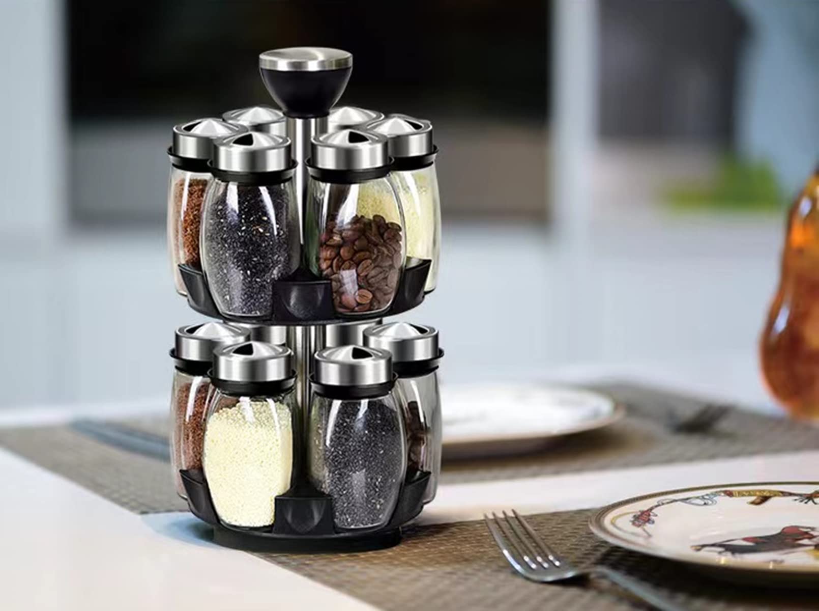 Handisen Revolving Spice Rack Organizer Storage for kitchen, Spice Stand Holder, Spinning Countertop Herb and Spice Rack Organizer with 12 Glass Jar Bottles Set