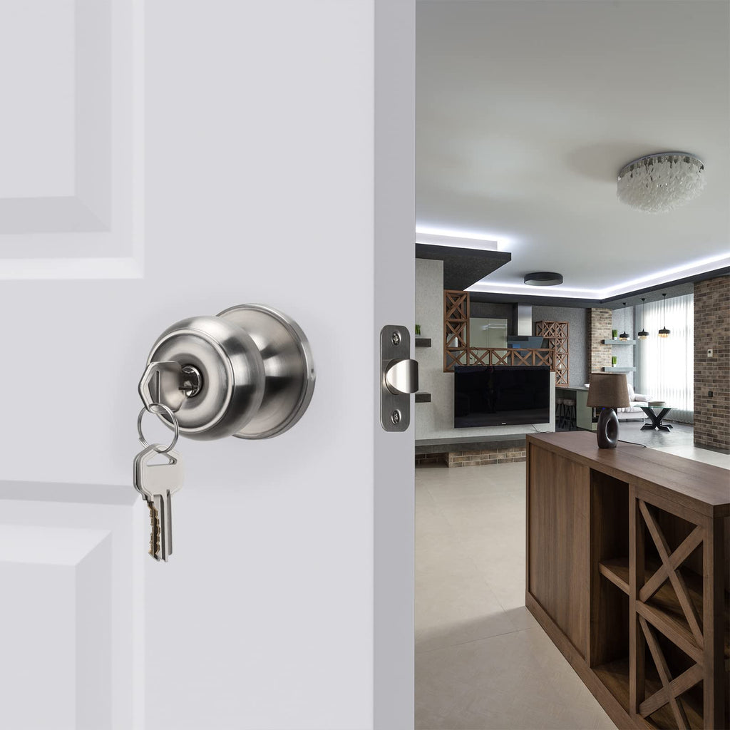 goldenwarm Door Locks for Entry Door Knob Exterior Knob Lock with Key Brushed Nickel Doors Handles with Lock Easy Install Left/Right Open