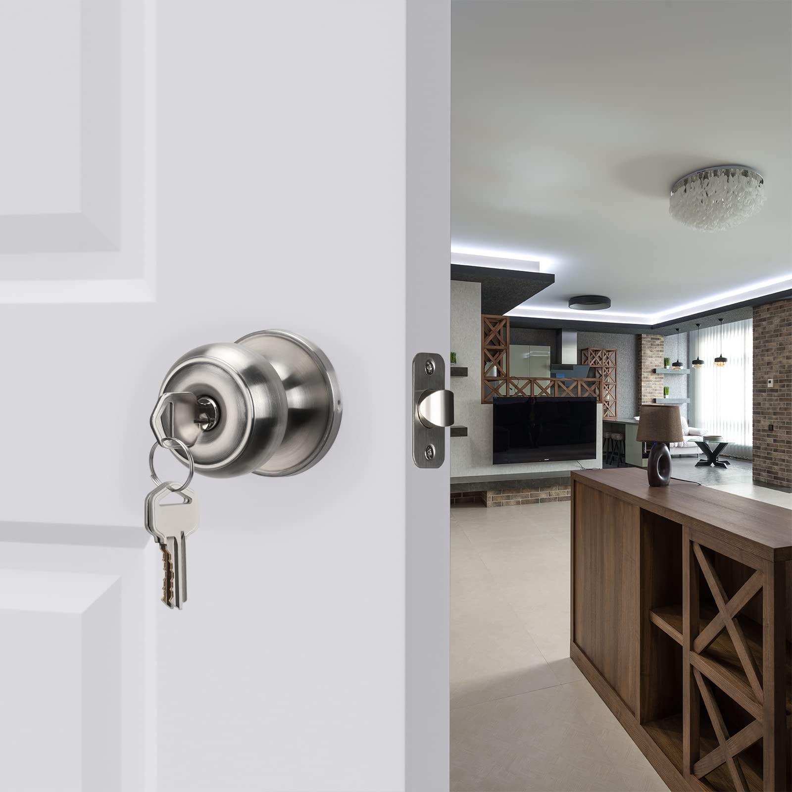 goldenwarm Door Locks for Entry Door Knob Exterior Knob Lock with Key Brushed Nickel Doors Handles with Lock Easy Install Left/Right Open