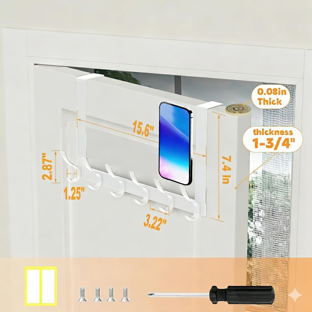 Peasulin 2 Pack Over The Door Hooks, Sturdy Door Hanger, Large Over The Door Towel Rack with 12 Hooks, Heavy Duty Easy to Install, for Bathroom, Bedroom，Kitchen，Hanging Towels, Coats (White)