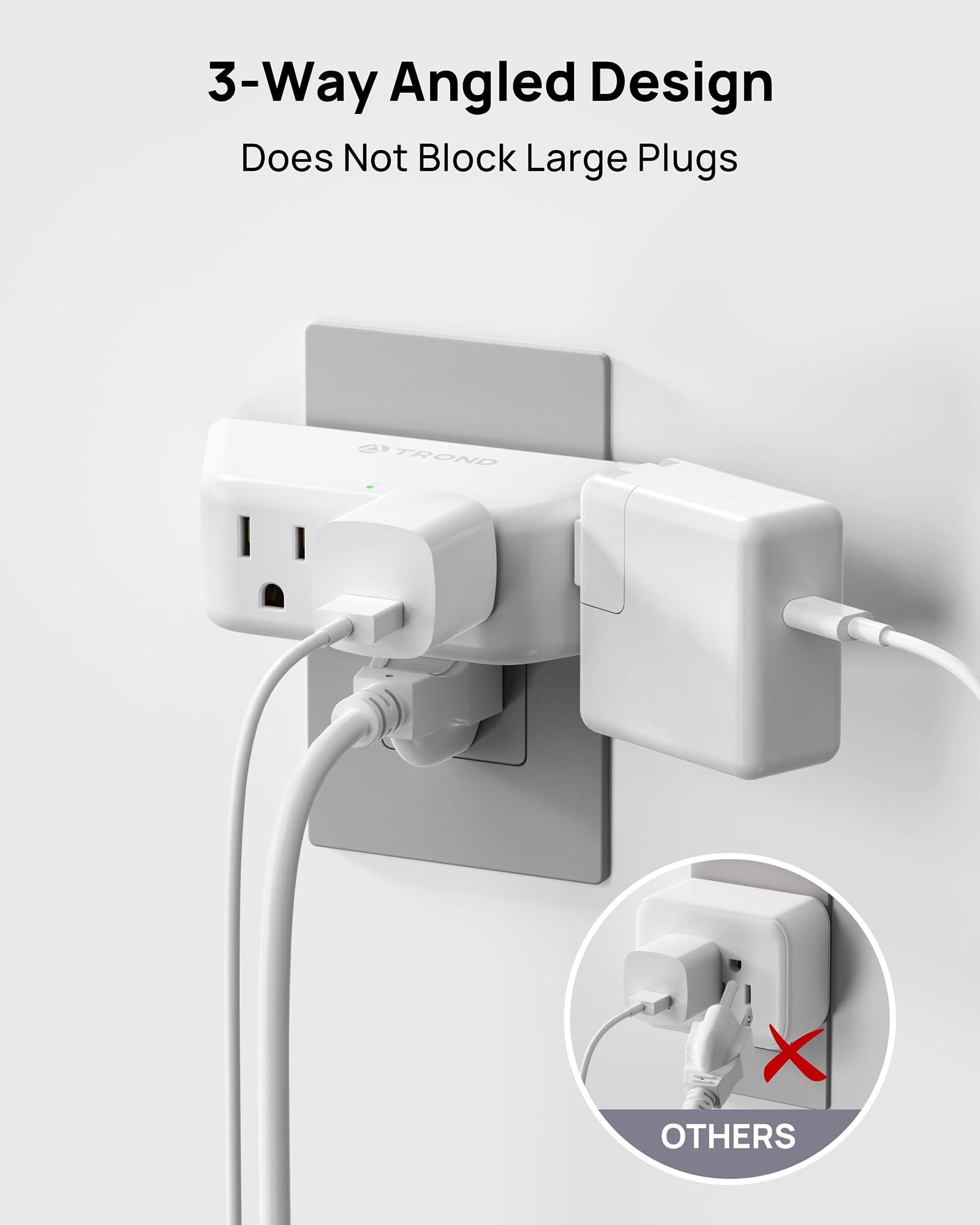TROND 2 Pack Multi Plug Outlet Extender with Surge Protector, 3 Way Angled Wall Adapter with 4 Outlets, Electrical Wall Splitter, Multiple Plug Expander for Home Office Dorm Room Hotel Travel, White