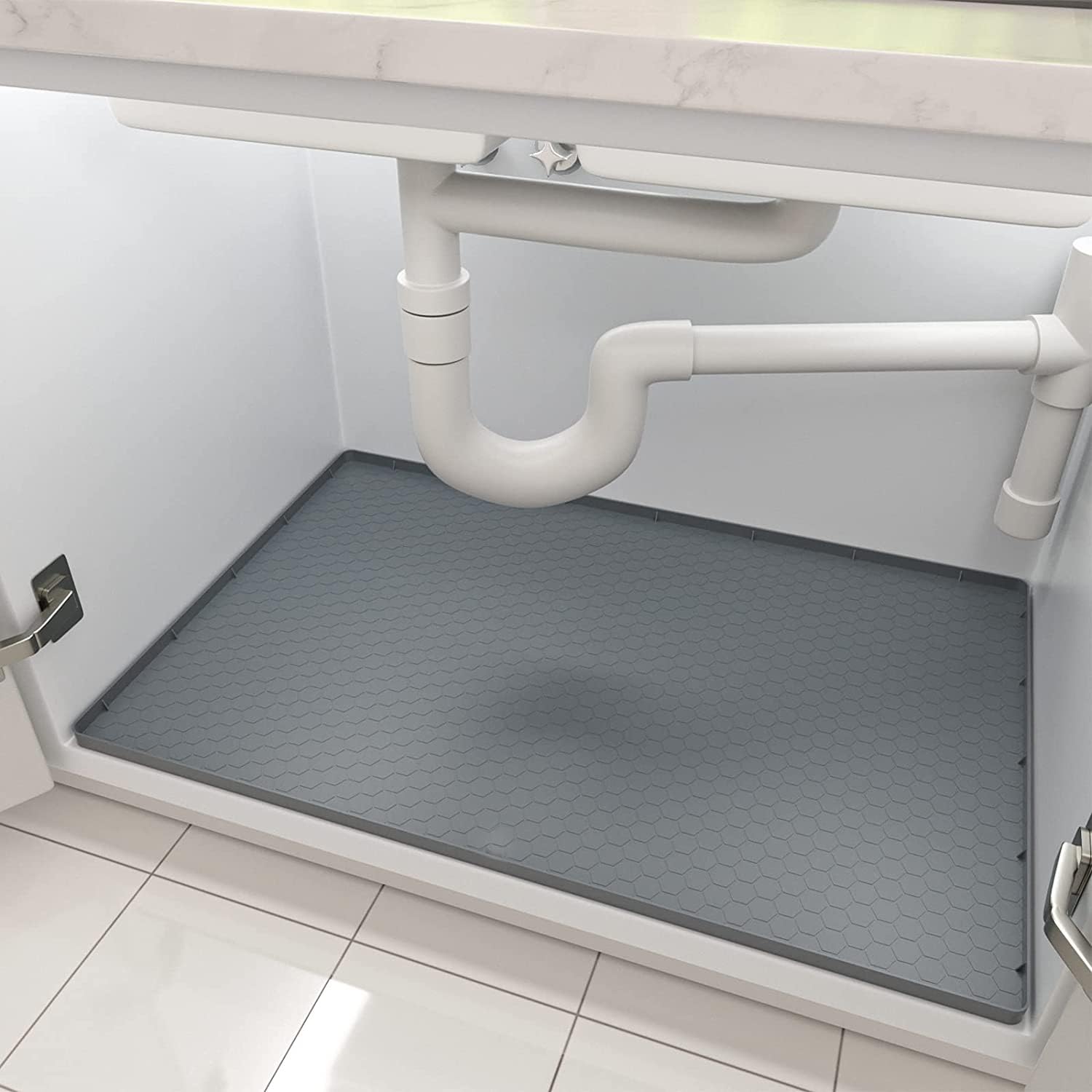 CATECASE Under Sink Kitchen Cabinet Mat, 34'' x 22'' Under Sink Mats for Kitchen Waterproof Cabinet Protector & Drip Tray Liner, Flexible Waterproof Silicone Made - Gray