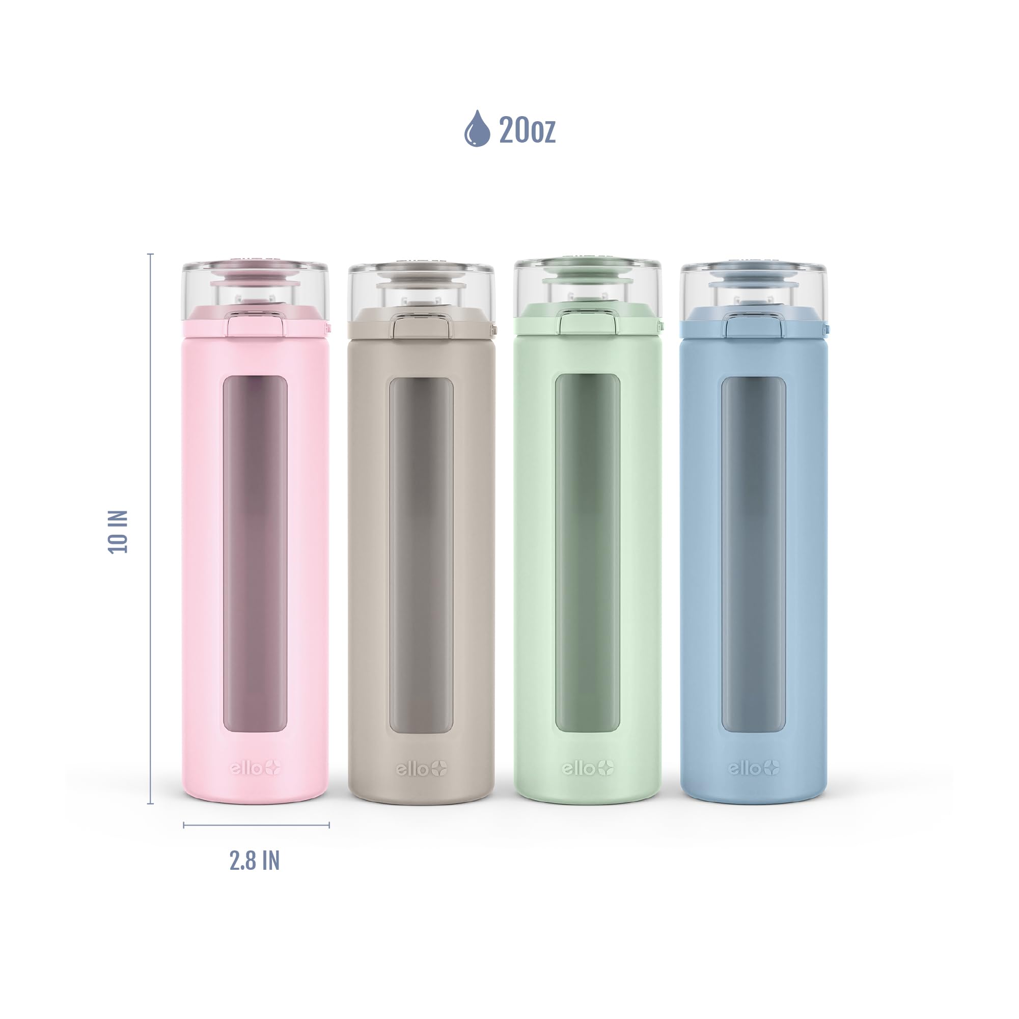 Ello Syndicate 20oz Reusable Glass Water Bottle with One-Touch Leak Proof Flip Lid, Protective Non-Slip Silicone Sleeve, Carry Loop for Coffee, Tea and Water, BPA-free, Dishwasher Safe, Sage