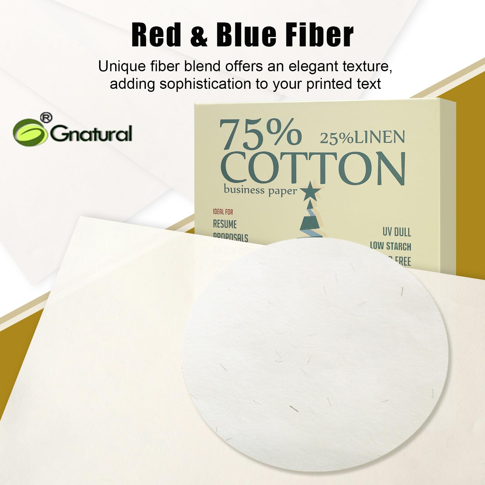 Gnatural 75% Cotton, 25% Linen, Ivory Business Paper, 85 gsm, 8.5" W x 11" L, Non Wet Print Paper, 100 per Box with Low Starch