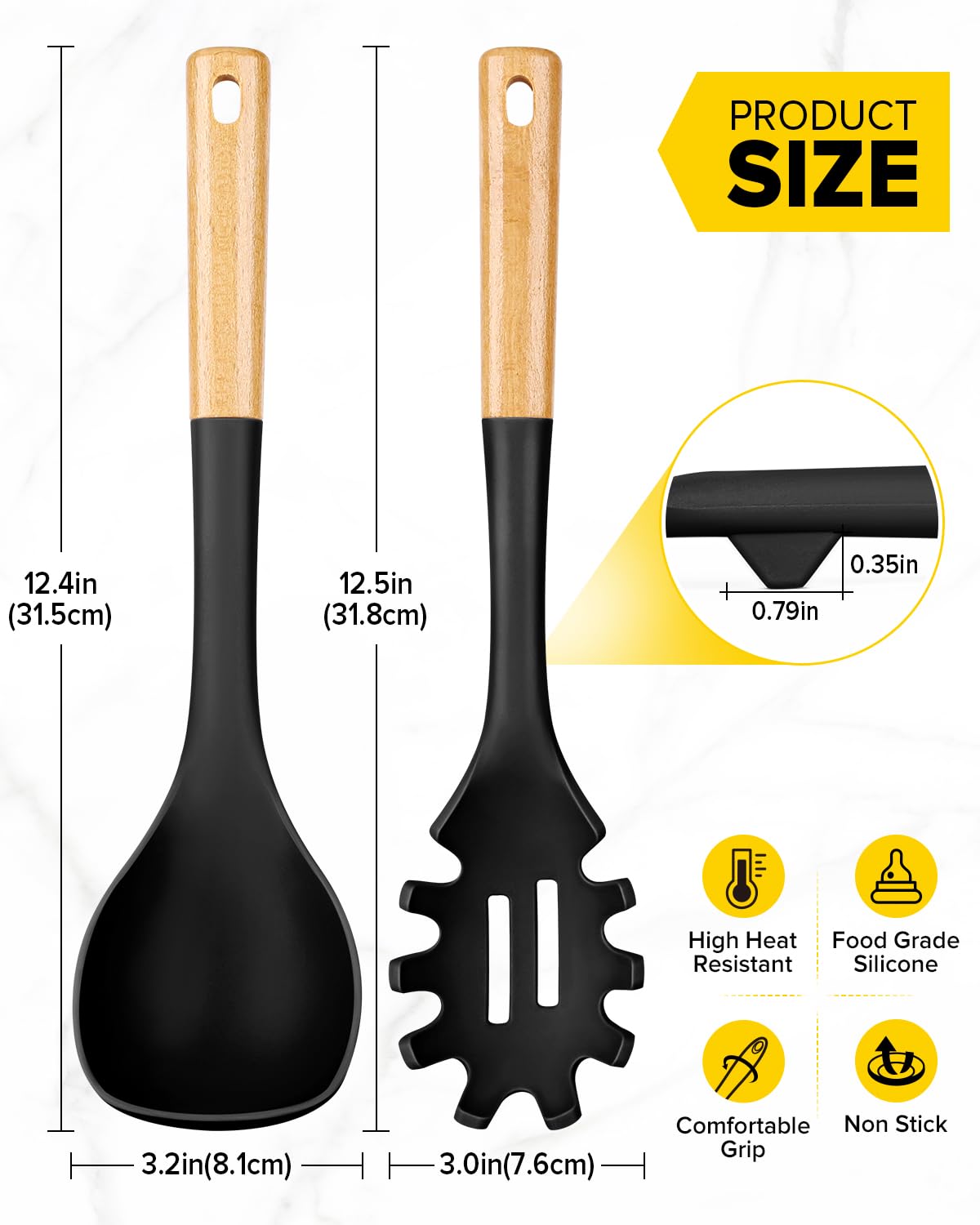 Silicone Soup Ladle and Spaghetti Spoon Set with Wooden Handle, Non Stick Heat Resistant Kitchen Utensils for Cooking, Stirring, Serving Pasta, Soup & Sauce(Black)