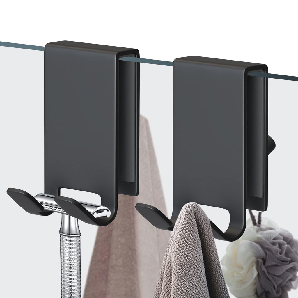 Shower Door Hook, Double-Sided Hook for Frameless Shower Doors (3.14 Inch), Heavy-Duty Stainless Steel Hook for Bathrobes and Towels, No Drilling or Adhesive Required, 2-Pack, Black