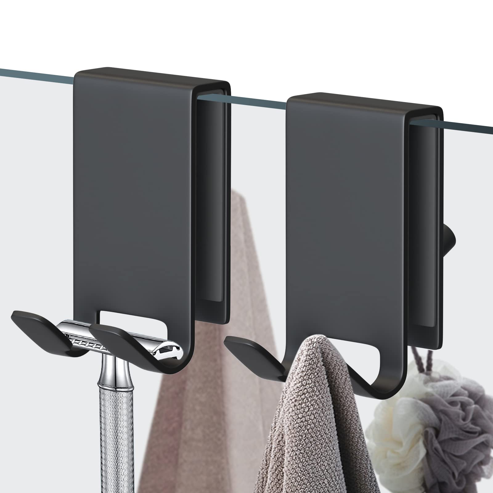 Shower Door Hook, Double-Sided Hook for Frameless Shower Doors (3.14 Inch), Heavy-Duty Stainless Steel Hook for Bathrobes and Towels, No Drilling or Adhesive Required, 2-Pack, Black