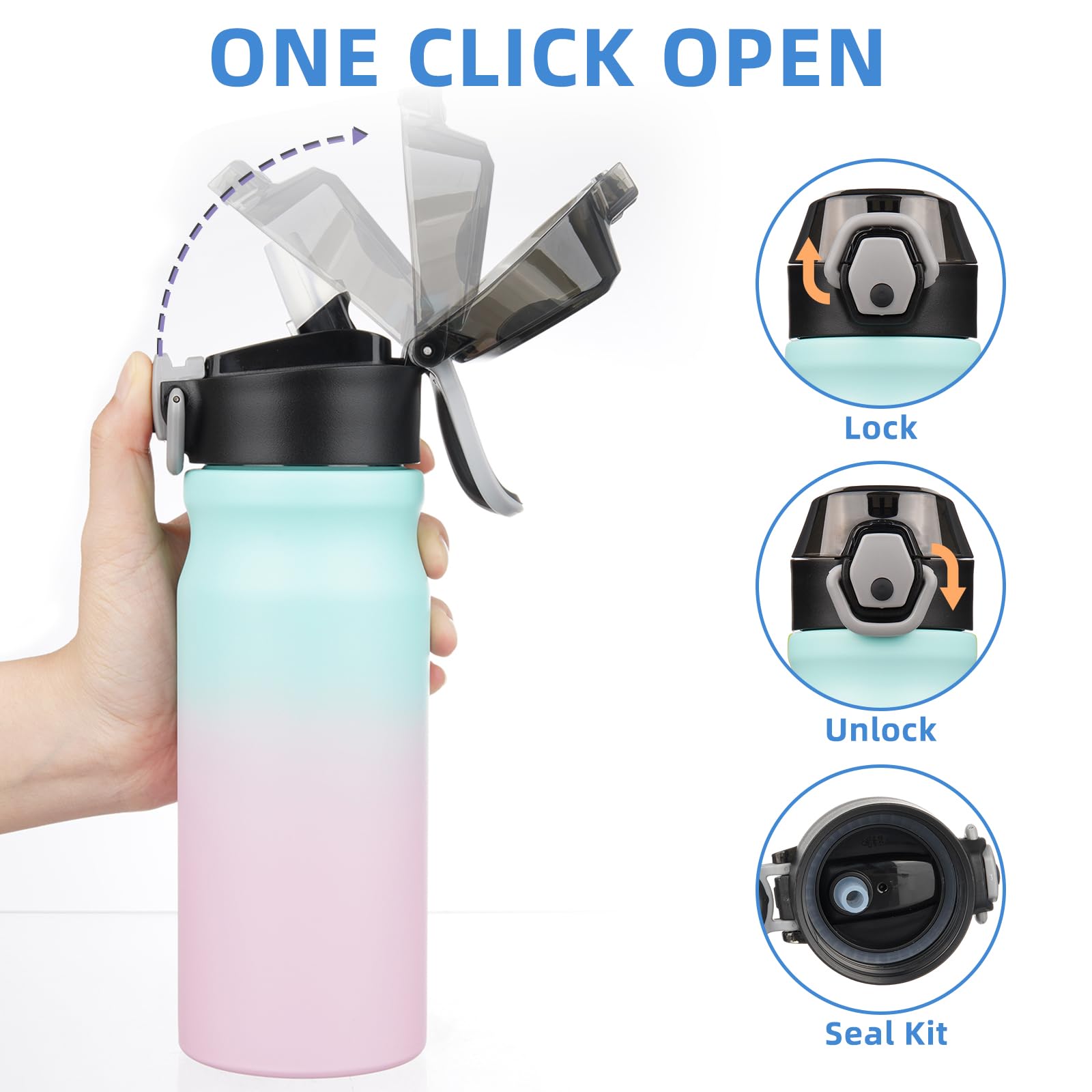 BJPKPK 18oz Insulated Water Bottle with Straw Stainless Steel Double Wall Water Bottles BPA Free Leak Proof Thermo with Lockable Flip Lid and Soft Silicone Spout,Bubble Gum