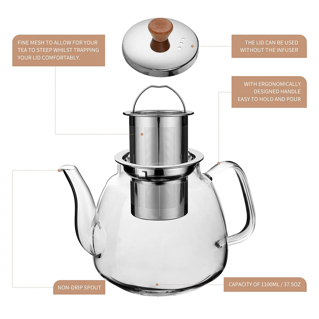 CNGLASS 1100ml Glass Teapot with Infuser,Clear Glass Tea Kettle with Removable Stainless Steel Strainer,Stovetop Safe Glass Teapot for Blooming and Loose Leaf Tea