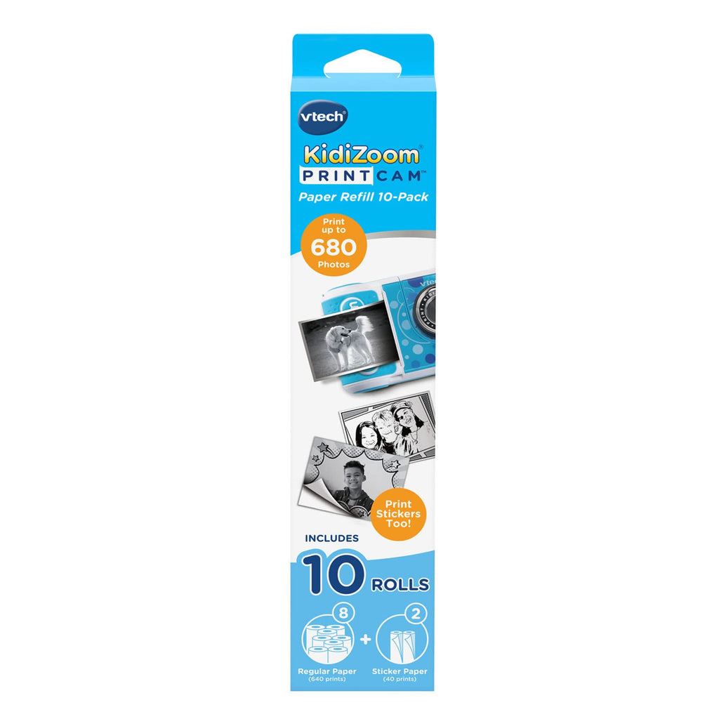 VTech KidiZoom PrintCam Paper Refill 10-Pack, White with 8 Regular Paper Rolls, 2 Adhesive Sticker Paper Rolls, Quick Start Guide