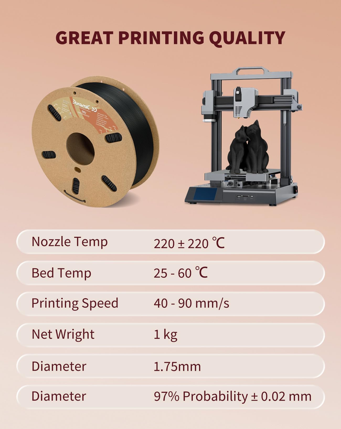 DURAMIC 3D TPU Filament 1.75mm Black, TPU Flexible Filament 95A, Soft TPU 3D Printing Filament, 1kg Spool, Dimensional Accuracy +/- 0.05mm, Black 1 Pack