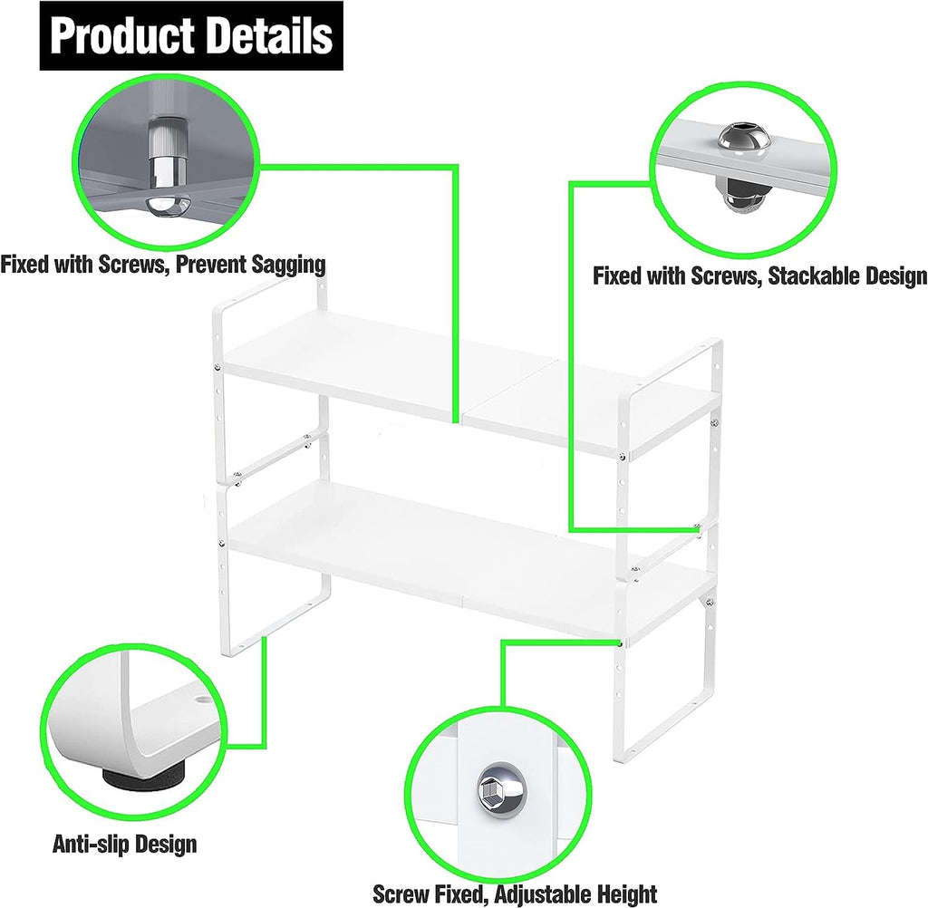 DPZM 1Pcs Expandable Cabinet Shelf,Stackable&Adjustable Cupboard Shelf,L16.5-27'' x W8'' Spice Rack,Spice Organizer, White Cabinet Shelf Organizer for Kitchen Office Bathroom