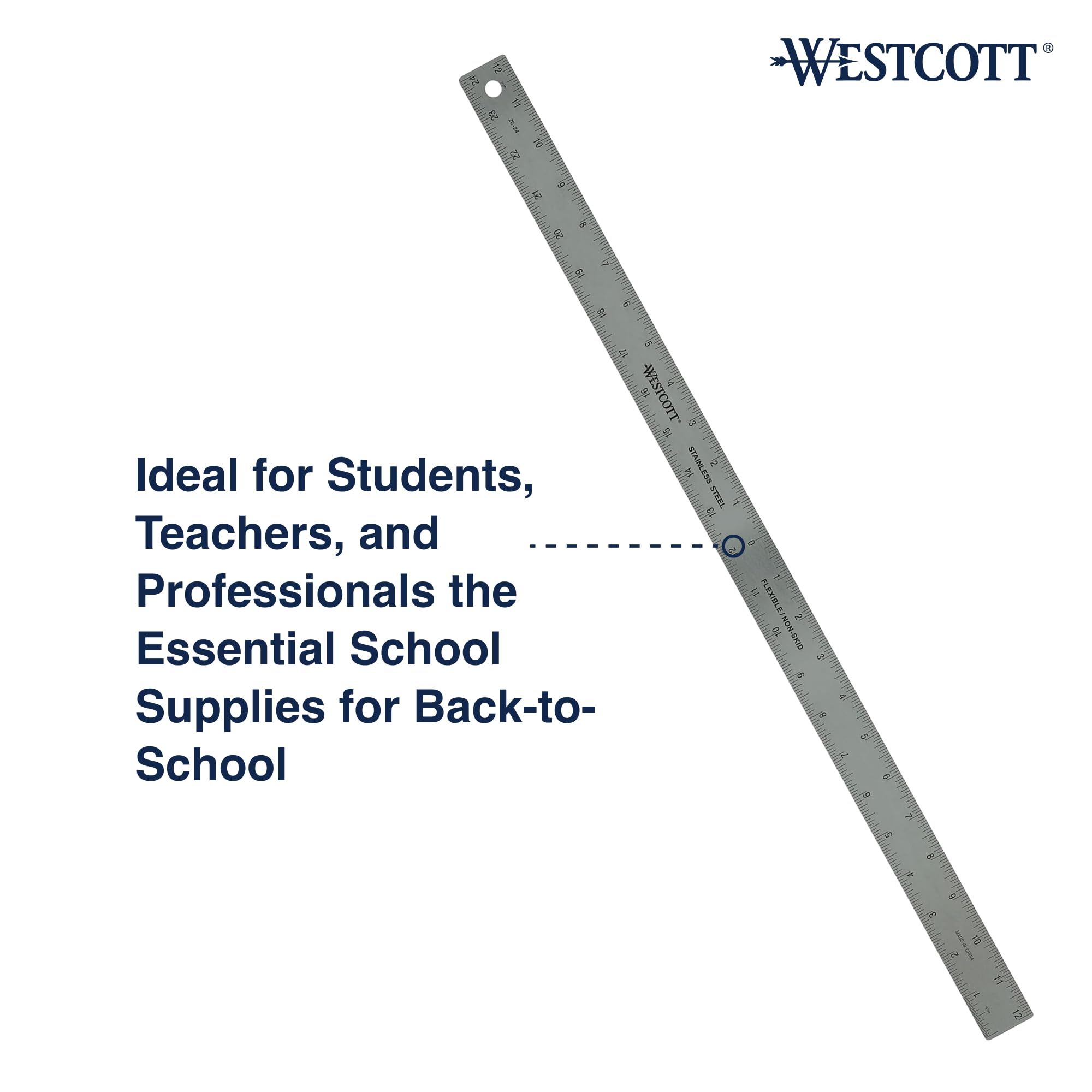 Westcott ZC-24 Zero Center Stainless Steel Metal Ruler with Non-Slip Cork Base, 24 in