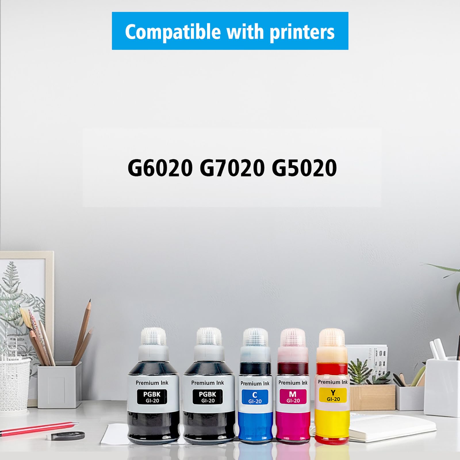 GI20 GI-20 Ink Bottles 5 Color Multipack High Capacity Compatible for Canon PIXMA G5020 G6020 G7020 MegaTank Printers 170ml Black Ink Refill 70ml C/M/Y Ink Refill