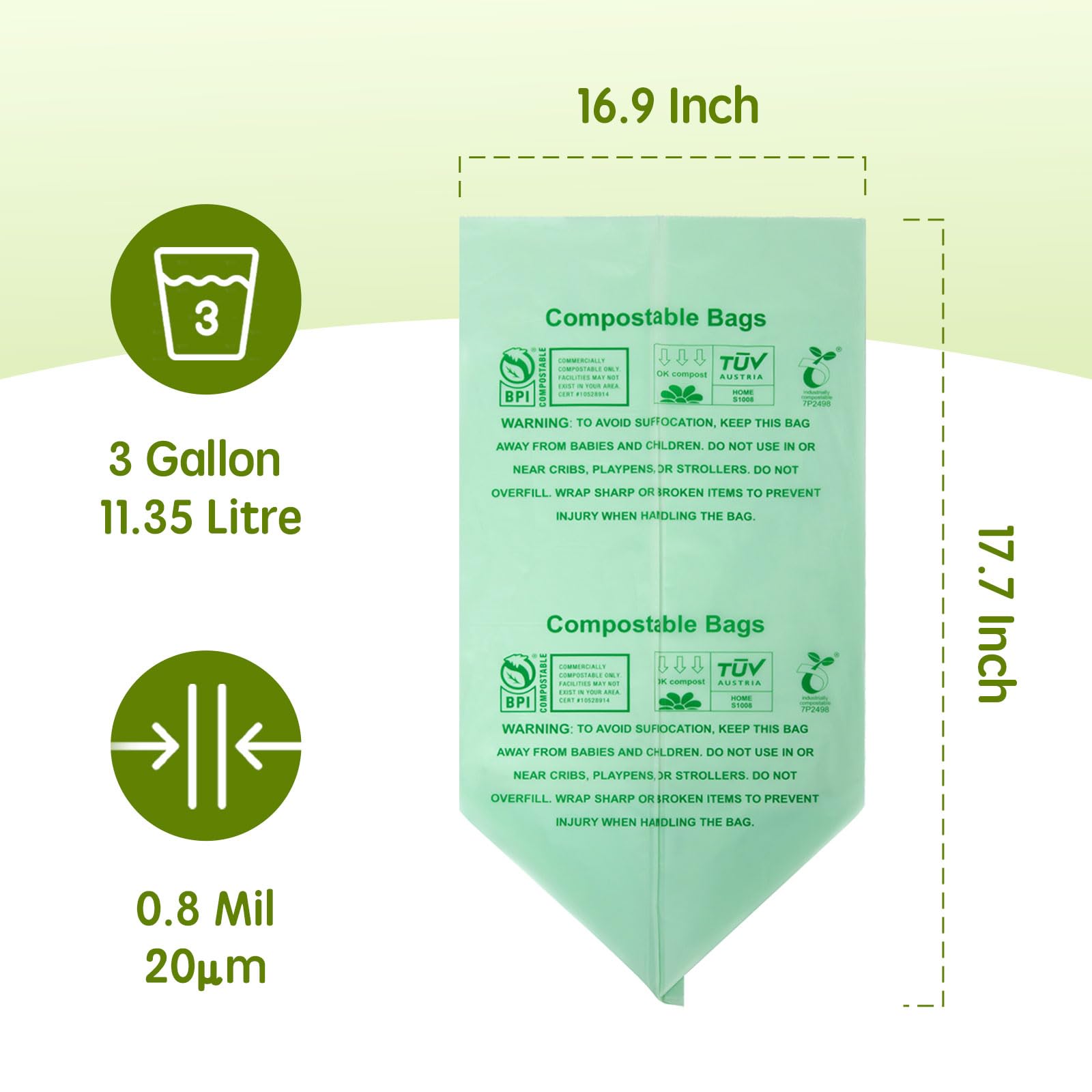 Compostable Trash Bags, Small Compost Bags 3 Gallon, 16.9" x 17.7", Compostable Food Scrap Bags for Kitchen Waste, 0.8 Mils Thick Green Bin Liners for Garbage Disposal, 50-Count