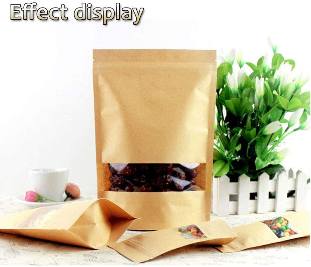 SONYANG 100 Pcs Kraft Paper Bags with Window Stand Up Pouches Bags, Zip Lock Food Storage Bags for Packaging Products, Reusable, Sealable (Brown, 7.9x11.8 inch)