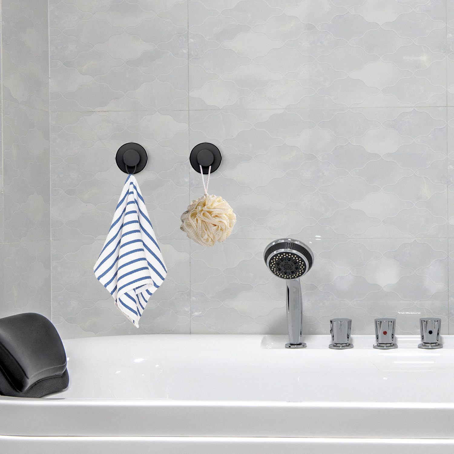 VEHHE 4 Pack Self-Adhesive Suction Cup Hooks for Shower, Heavy Duty Reusable Shower Hooks for Inside Shower, No-Drill Shower Hooks Suction Cup for Bathroom, Bath Towel, Towel (Silver)