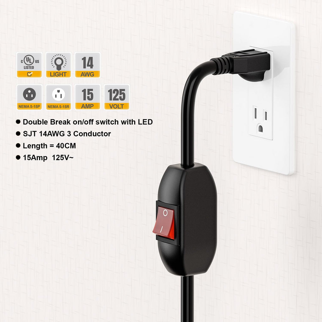 Inline On/Off Switch Extension Cord, 3-Prong Household Switchable Power Cord, Heavy Duty 23A 125V,16A 250V Double Break Switch Extension Cable, 40CM Cords