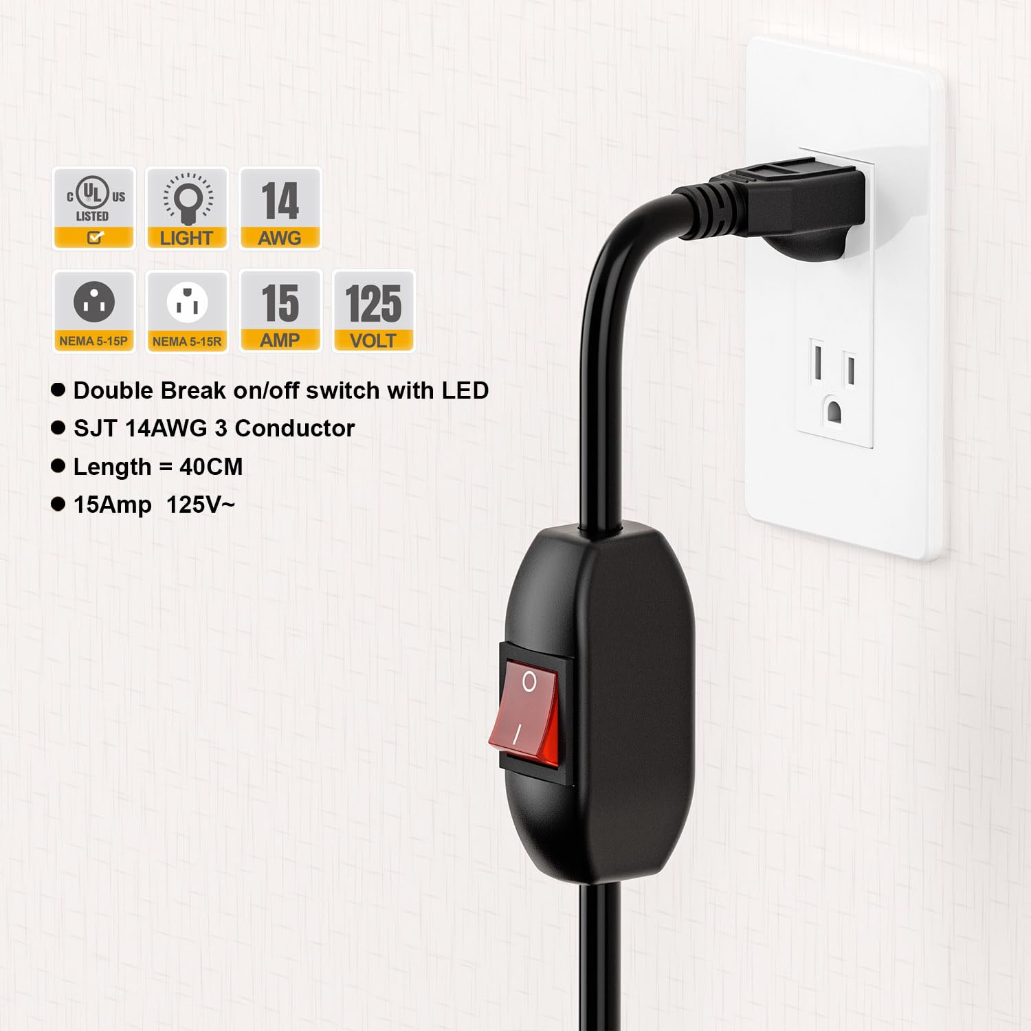 Inline On/Off Switch Extension Cord, 3-Prong Household Switchable Power Cord, Heavy Duty 23A 125V,16A 250V Double Break Switch Extension Cable, 40CM Cords