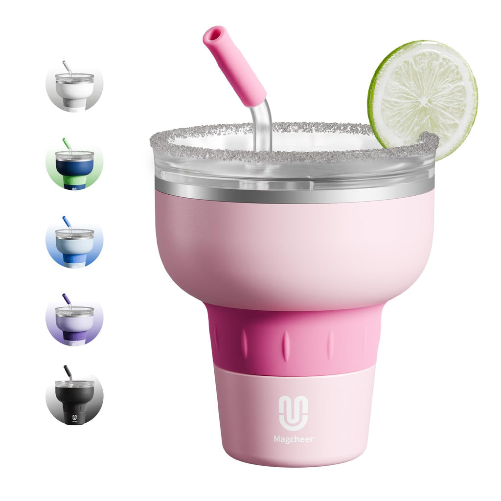Magcheer 16 oz Cocktail Tumbler with Lid and Straw - Stainless Steel Insulated Margarita Tumbler - 320° Sippable Stemless Wine Cup for Party | Pink