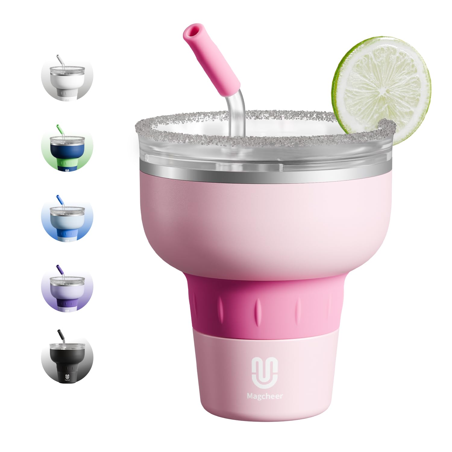 Magcheer 16 oz Cocktail Tumbler with Lid and Straw - Stainless Steel Insulated Margarita Tumbler - 320° Sippable Stemless Wine Cup for Party | Pink